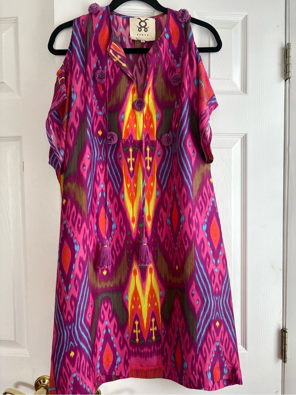 Figue Fuchsia Dress with Yellow & Blue Accents 100% silk